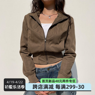 iuae美式工装棕色立领夹克，女酷飒中性，风飞行员松紧束腰修身短外套