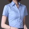 蓝色v领职业衬衫女短袖，紧身显瘦休闲衬衣，简约工装大码气质工作服