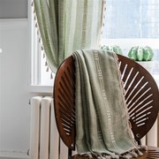 窗帘穿杆绿色素色条纹绣r花窗帘半遮光镂空免打孔厨房客厅日式窗