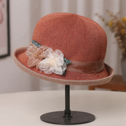 韩国欧根花朵时尚优雅礼帽，女士春夏卷边盆帽日系百搭可折叠遮阳帽