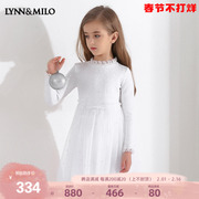 LynnMilo琳麦罗2024女童连衣裙白色针织蕾丝网纱长袖洋气裙子
