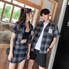 情侣装夏装2023韩版格子上衣学院风学生男女短袖衬衫短裙两件套装