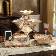 欧式创意分层干果盘三件套奢华套装，家居装饰品花瓶纸巾盒烟缸摆件