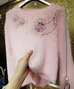 韩国东大门仙女粉色奢华重工，钉珠立体亮片花朵，长毛绒绒打底毛衣