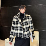 秋冬韩国黑白格纹毛呢，短款夹克男设计感气质，网红小香风立领外套潮