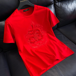 中国风龙年刺绣短袖t恤男士，潮牌冰丝光棉红色火焰，龙半袖(龙半袖)圆领体恤