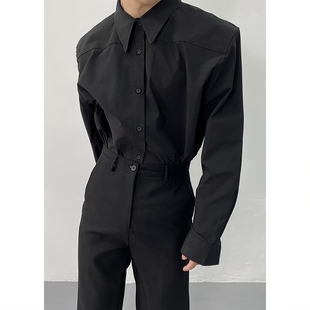 高级感法式衬衫男设计感小众韩版潮流大尖领宽松质感廓形长袖衬衣