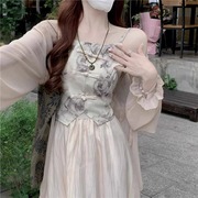 新中式国风连衣裙女2024夏季防晒开衫上衣吊带背心半身裙三件套装