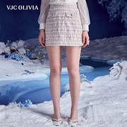 vjcolivia2023秋冬法式a字短裙，粗花呢高腰粉色，半身裙修身小香风