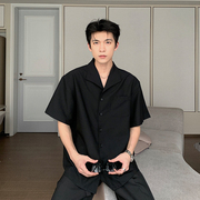 Hualun夏季新中式衬衫男生高级感短袖痞帅风黑色潮流宽松衬衣男款