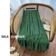 绿色复古半身裙女夏季2023松紧高腰拼接显瘦中长款氛围感花裙