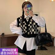 胖MM大码黑白棋盘格子小众马甲背心衬衫两件套女春秋毛衣马夹外搭