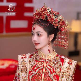 中式古典秀禾服结婚头饰，红色时尚百搭凤冠新娘，婚礼古风宫廷发饰