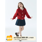 mpeng女童红色新年款毛衣，绞花圆领开衫外套，甜美精致蝴蝶结扣子