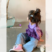 柒号童仓女童韩版洋气两件套短袖T恤儿童紫色花边上衣潮