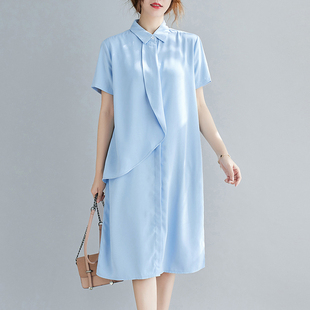 长款宽松雪纺衬衫裙女2022季短袖(季短袖)韩版设计感大码显瘦荷叶边衬衣