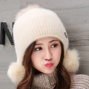 兔毛帽子女士秋冬天韩版保暖护耳，针织毛线帽可爱甜美学生百搭加厚