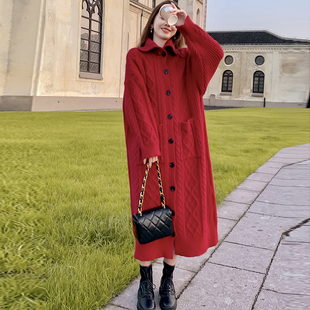 韩系慵懒风高龄毛衣女单排扣红色毛衣针织开衫中长款外套女秋冬厚