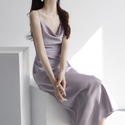 醋酸缎面香芋紫吊带连衣裙女夏季名媛气质打底包臀长裙高级感裙子