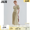 jiujiu法式泡泡袖不规则，方领绿色连衣裙女夏季设计感露腰气质长裙