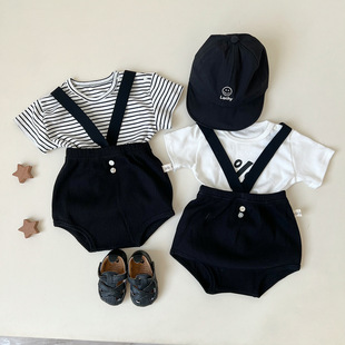 夏季男女宝宝休闲洋气背带裤，t恤两件套婴儿包屁裤短袖套装潮韩国