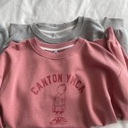 canton灰色水粉色卡通字母，印花毛圈棉圆领宽松套头卫衣女