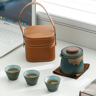 旅行茶具陶瓷套装，一壶三杯便携包，露营茶具快