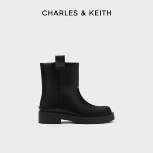 charles&keith秋冬女靴，ck1-90380148简约圆头，厚底套筒短靴女