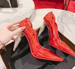 2023名媛时尚尖头浅口气场红色高跟异型跟口红跟单鞋女鞋欧美