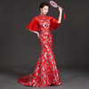 中国风高端长款鱼尾礼服红色拖尾模特走秀舞台古筝演出服旗袍裙