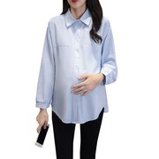 2023秋装长袖雪纺上衣夏季韩版短袖薄款孕妇衬衫上班蓝色宽松衬衣