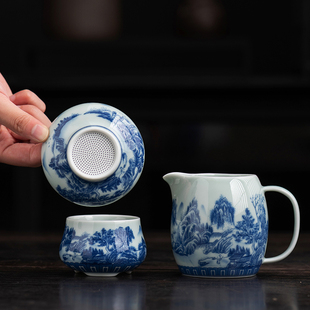 青花瓷茶滤过滤网景德镇全瓷细密茶隔陶瓷茶具配件，茶漏一体公道杯