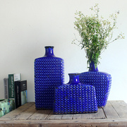 美式乡村家装饰品蓝色陶瓷花瓶地中海三件套复古裂纹装饰品摆件