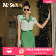M-Star明星系列夏季绿色格纹复古西装领短外套女气质上衣