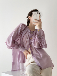 万太太(万太太)紫色衬衫女夏设计感小众法式上衣，甜美气质别致高级感防晒衫