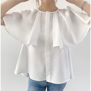 日韩夏季圆领条纹设计感斗篷，式宽桦荷叶袖衬衫上衣宽松衬衣女