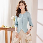 圆领衬衫女长袖设计感小众，高级感时尚洋气法式小香风雪纺蓝色衬衣