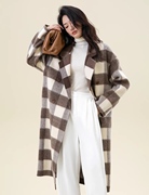 品牌高端手工纯羊绒双面羊毛呢子大衣复古格子中长外套女气质休闲