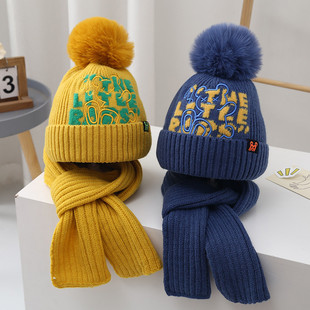 韩版儿童帽子围巾两件套秋冬天男孩毛线帽女孩，针织帽小孩保暖帽潮