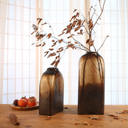 现代新中式玻璃花瓶摆件客厅餐桌水培磨砂咖啡色加厚插花瓶装饰品