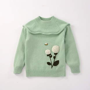 儿童山羊绒羊绒衫女童宝宝浅绿色小花朵羊毛衫半高领，套头毛线衣(毛线衣)