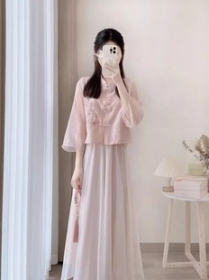新中式中国风粉色连衣裙女夏季2024改良旗袍，马面裙半身裙套装