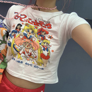 欧美风辣妹短款T恤女夏韩版设计感小众修身显瘦chic港风短袖上衣