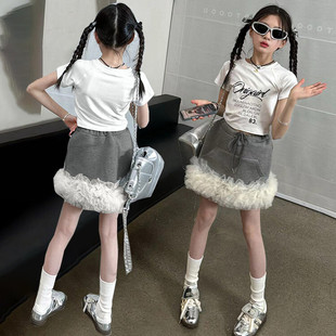 女大童夏季套装儿童网纱拼接假两件半身短裙白色短袖字母T两件套