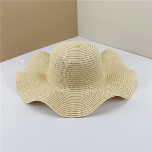 夏季光板波浪边草帽，手工diy遮阳帽沙滩，帽可折叠太阳帽子