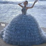 影楼主题服装海边外景情侣写真拍照旅拍礼服蓝色蛋糕裙小拖尾婚纱