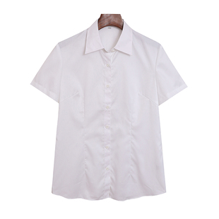外贸100%棉短袖衬衫女夏季正装工作服白色职业装修身显瘦衬衣