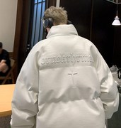 白色pu皮棉服男2023冬季立领面包服潮牌加厚棉衣棉袄夹克外套