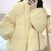 韩版奶黄色短款连帽羽绒棉服，女2023秋冬季小个子宽松棉衣外套