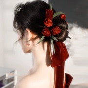 红色新娘敬酒服头饰发卡丝绒，郁金香玫瑰花苞时尚结婚套装礼服发饰